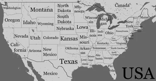 Devlet sınırları ve isimleri ile ABD harita. Boş siyah kontur üzerinde beyaz izole. Tek renkli illüstrasyon vektör ayrıntılı. — Stok Vektör