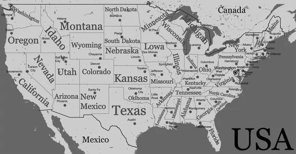 Mapa em branco dos EUA isolado sobre fundo cinza. Estados Unidos da América país com nomes administrativos de inscrições de cidades. Vector info gráficos ilustração design —  Vetores de Stock