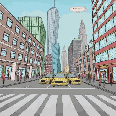 Londra New York yapı Empire State Chrysler Binası şehir manzara taksi araçları vektör closeup araba sokak insanlar güzel çizgi roman renkli retro vintage resimde arka plan çizim