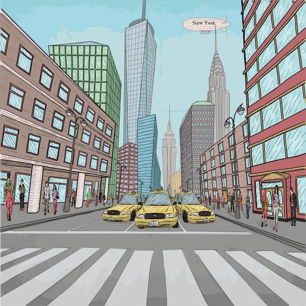 Londra New York edificio Empire State Chrysler Edificio città paesaggio taxi auto strada persone a piedi vettore primo piano bellissimi fumetti colorato retrò vintage disegno illustrazione sfondo — Vettoriale Stock