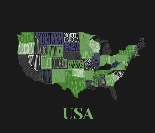 USA karta med stater-bildmässigt geografiska dekorativa affisch av Amerika hand dras bokstäver design för väggdekoration print. Unik kreativ typografi vektorillustration i svart och grön färg. — Stock vektor