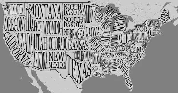 Ilustración dibujada a mano del mapa de Estados Unidos con nombres de letras de mano de estados y atracciones turísticas. Viajar al concepto de EE.UU. Ciudades americanas en el mapa monocromo. Elemento de diseño creativo para banner turístico / — Archivo Imágenes Vectoriales