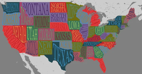 USA karta med staterna - bildmässigt geografiska affisch av Amerika, handritad bokstäver design för väggdekoration, reseguide, skriva ut. Unik kreativ — Stock vektor