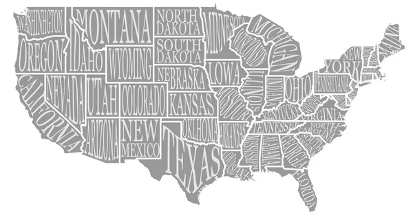 Branco semelhante alta detalhada decorativa EUA mapa no fundo branco. Estados Unidos da América país com letras de texto nomes de estados inscrições. Vector template info gráficos. Ilustração gráfica . —  Vetores de Stock