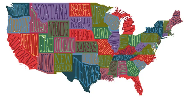 Usa karte mit staaten - bildliches geografisches poster von amerika, handgezeichnetes schriftendesign für wanddekoration, reiseführer, druck. einzigartige kreative Typografie-Vektorillustration. — Stockvektor