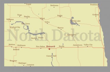 North Dacota vector State Map with Community Assistance and Activates Icons Original pastel Illustration isolated on gray background clipart