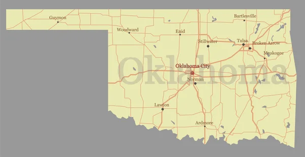 Oklahoma detallado vectorial detallado mapa del estado con asistencia comunitaria y activa iconos Ilustración amarilla pastel original con las carreteras principales. Estados Unidos de América — Archivo Imágenes Vectoriales