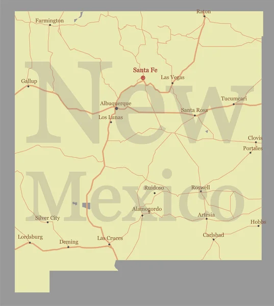 New Mexico detaillierte detaillierte Vektor-Zustandskarte mit Hilfe der Gemeinschaft und aktiviert Symbole ursprüngliche pastellgelbe Illustration mit Hauptstraßen. Vereinigte Staaten von Amerika — Stockvektor