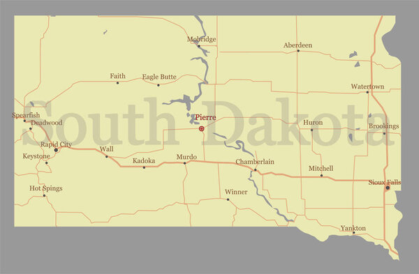 Вектор "Южная Дакота" - точная подробная карта штата с помощью сообщества и активирует иконы.
