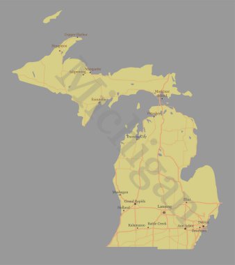 Michigan ayrıntılı tam detaylı vektör devlet harita ile Topluluk Yardımı ve etkinleştirir simgeleri orijinal pastel sarı illüstrasyon ile ana yollar. Americ, Amerika Birleşik Devletleri