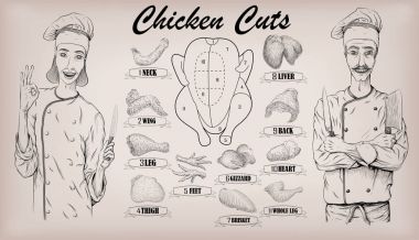 Tavuk et karkas eti bilgi işareti poster kasaplar Kılavuzu boyun taşlığı kadın ve erkek kasap pişirmek portre vektör portre yatay güzel siyah doğrusal illustratio grafik düzeni parçalar kesip