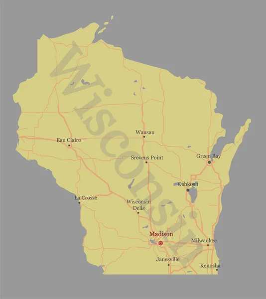 Wisconsin genaue Vektor genaue detaillierte Zustandskarte mit Unterstützung der Gemeinschaft und aktiviert Symbole original Pastell Illustration. Vereinigte Staaten von Amerika — Stockvektor