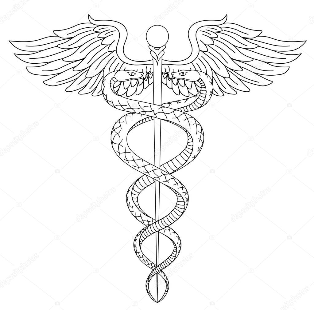 Cadeus Medical medecine pharmacy doctor acient symbol of the science. Vector hand drawn black linear tho snakes with wings sword background. Greek vintage culture hospital element. Tattoo draw design.