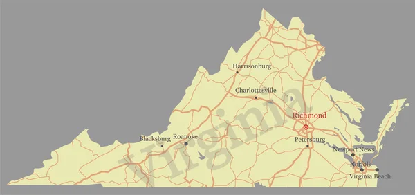 Virginia vector nauwkeurige hoge staat detailkaart met Gemeenschap — Stockvector