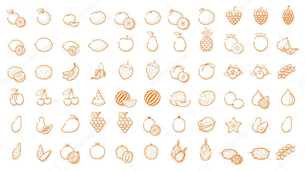 Big icon logo set - Fruit and berries Thin Line outline linear Business icons Interface, Leisure. Orange, banana, strawberry cherry mango papaya, pear, kiwi, lemon and other vegetarian food collection