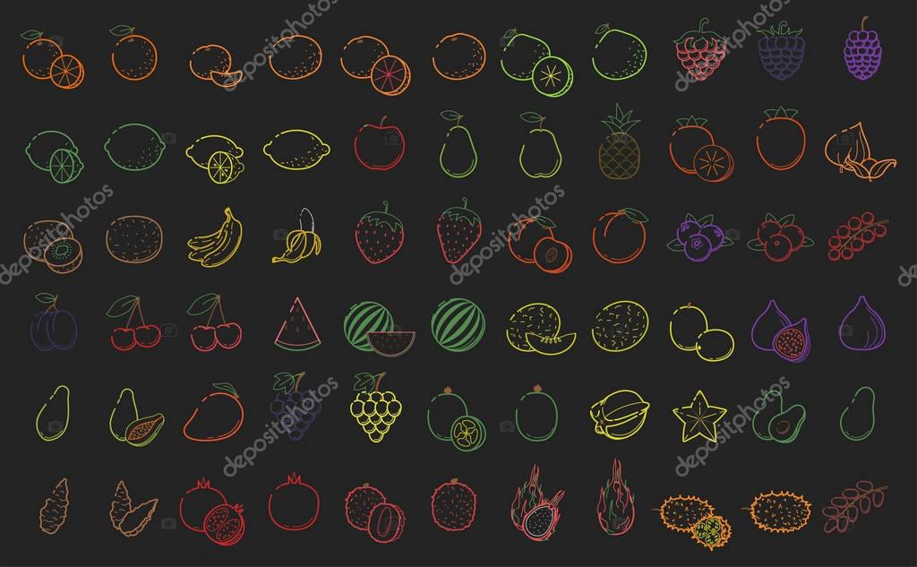 Outline color linear web icon set - Fruit, berries Thin bold Line food Icons For logo, label Orange grape cranberry apple blueberry, lime lemon pomelo cherry peach fig mango tropic collection on black
