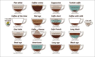 Coffee diagram vector hand drawn menu card for coffee shop. Flat clipart