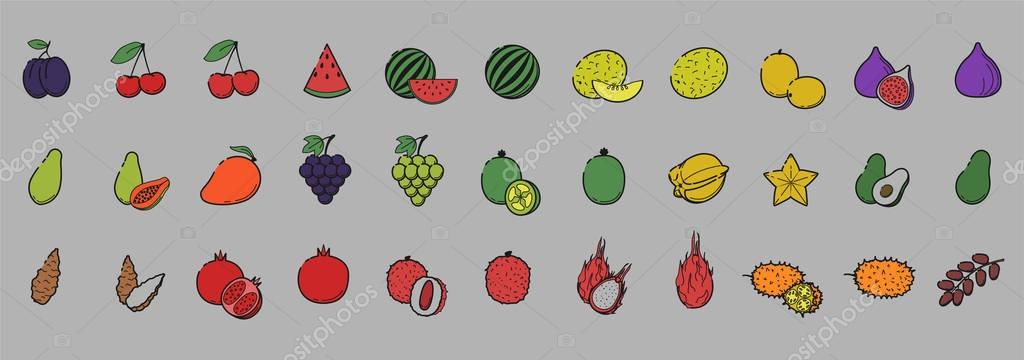 Outline flat color web icon set - Fruit & berries Thin bold Line food Icons For logo, label cherry, mango fig watermelon papaya pomergranate litchi avocado jerusalem artichoke date big cute collectio