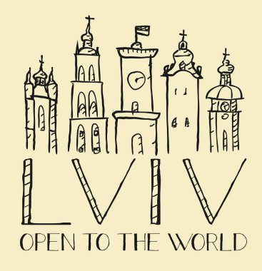 İzole şehri Lviv Ukrayna çizilmiş logo vektör ver. PE