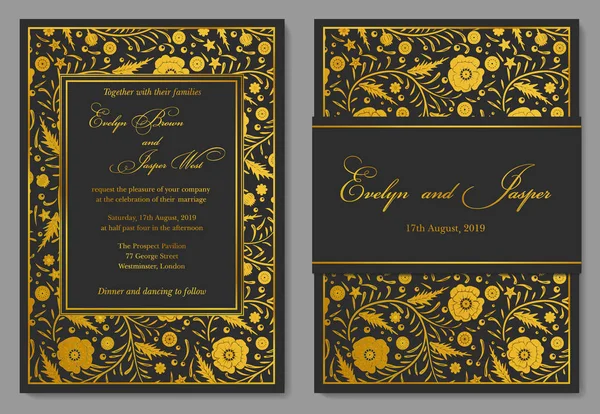 Invitación de la boda, tarjeta floral de invitación Diseño con lámina dorada b — Vector de stock