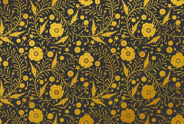 Diseño de patrón floral sin costura vectorial dibujado a mano: amapolas doradas — Archivo Imágenes Vectoriales