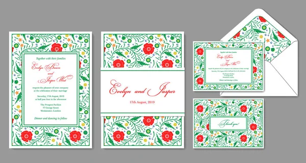 Convite de casamento, envelope, rsvp, cartão de férias. Design com po vermelho — Vetor de Stock