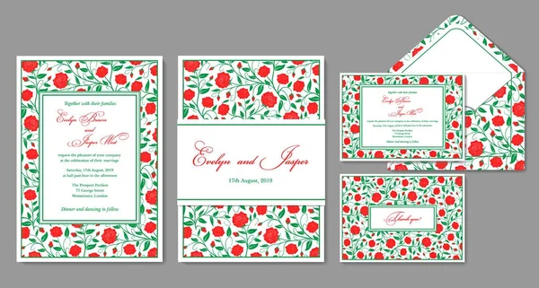 Bröllop inbjudan, kuvert, rsvp, julkort. Design med röd ro — Stock vektor