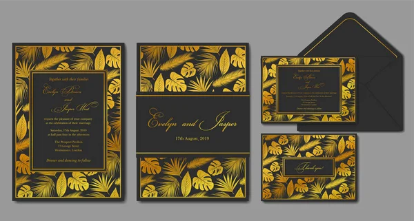 Invitación a la boda, sobre, rsvp, tarjeta de vacaciones. Diseño con dorado — Vector de stock