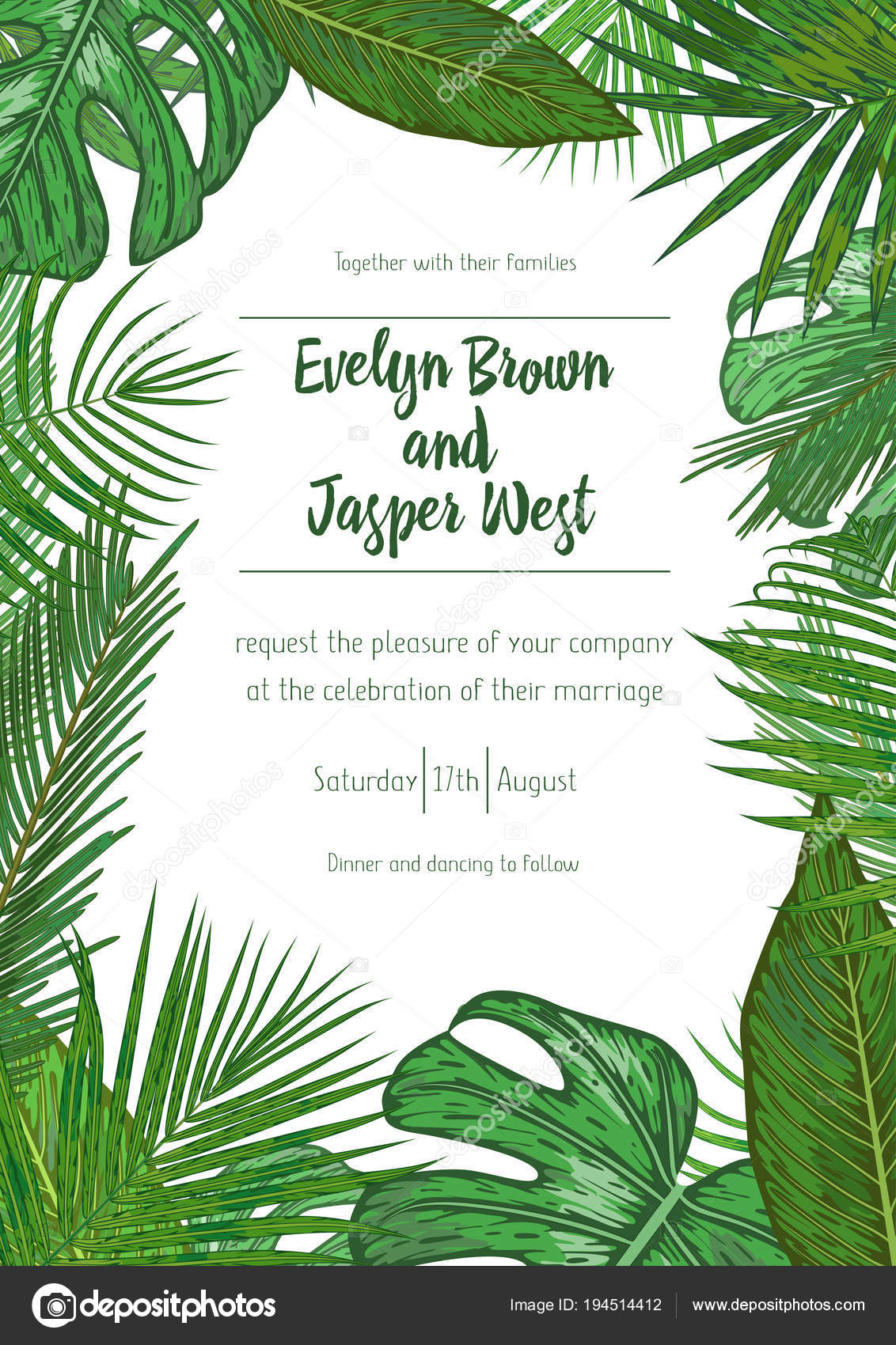 Wedding event invitation card template. Exotic tropical jungle r Intended For Event Invitation Card Template