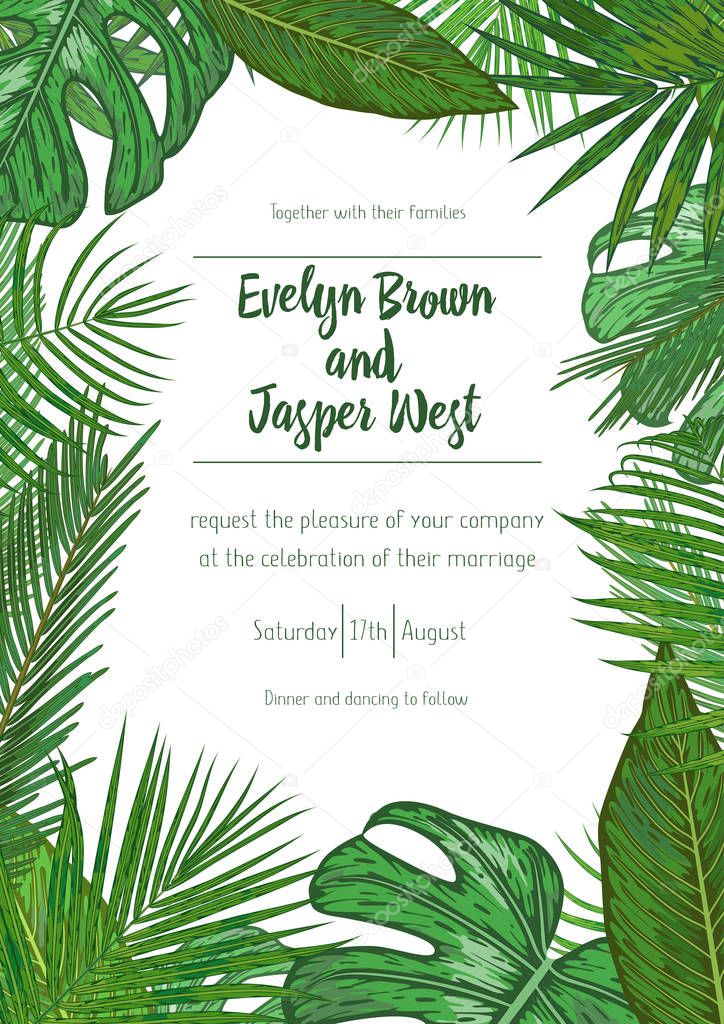 Wedding event invitation card template. Exotic tropical jungle r