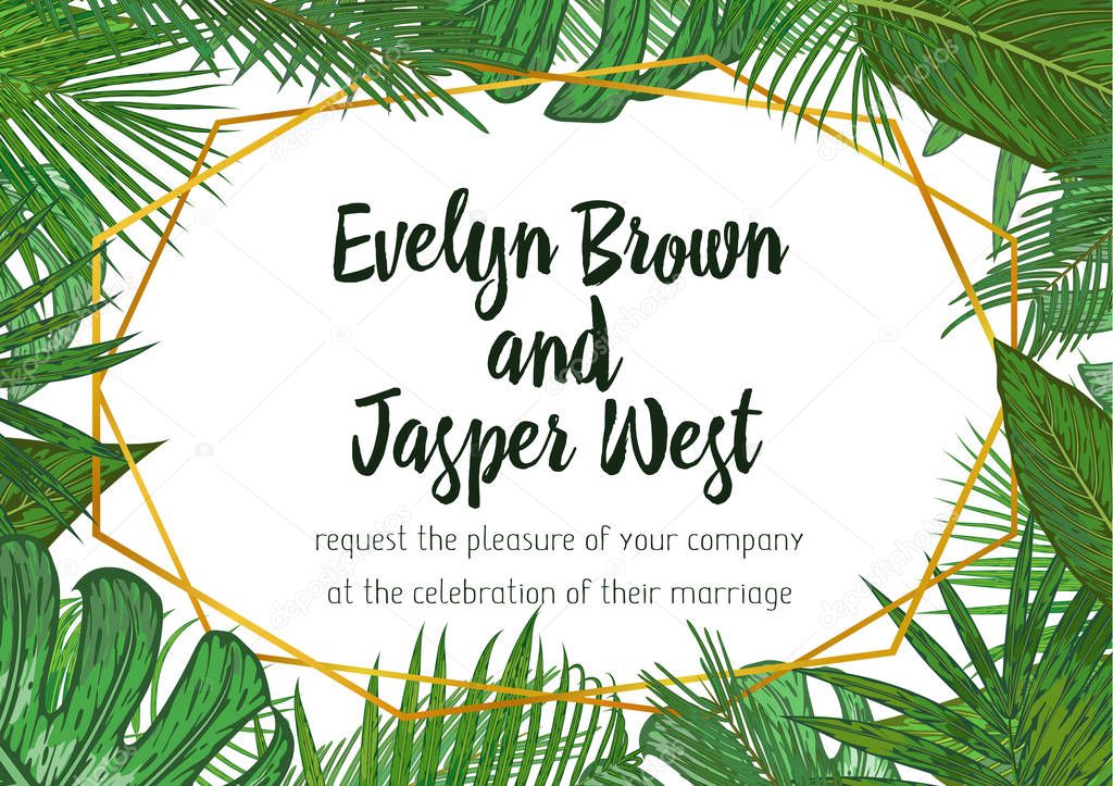 Wedding Invitation, floral invite card Design with green tropica