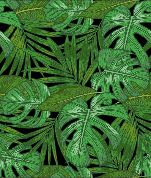 手绘热带棕榈叶的无缝图案。向量 — 图库矢量图片