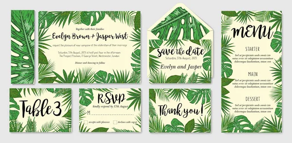 Plantilla tarjetas conjunto con hojas de palma acuarela; diseño de la boda f — Archivo Imágenes Vectoriales