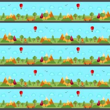 Panorama, manzara seamless modeli. Sonsuz tekrarlanan öğeleri ile bir figür. Vektör çizim.