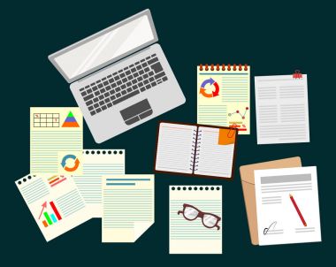 Office. İş analisti. İş stratejisi çalışma. Gerçekçi işyeri organizasyon. Üstten Görünüm. Vektör çizim.