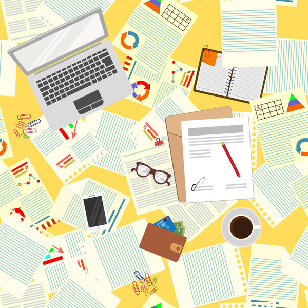 Seamless pattern. Office. Realistic workplace organization. The view from the top. Vector illustration.
