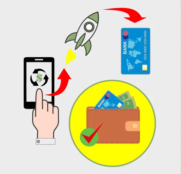 Contactloze betalingen aankopen. Betaling van aankopen via het Internet met behulp van een smartphone. — Stockvector