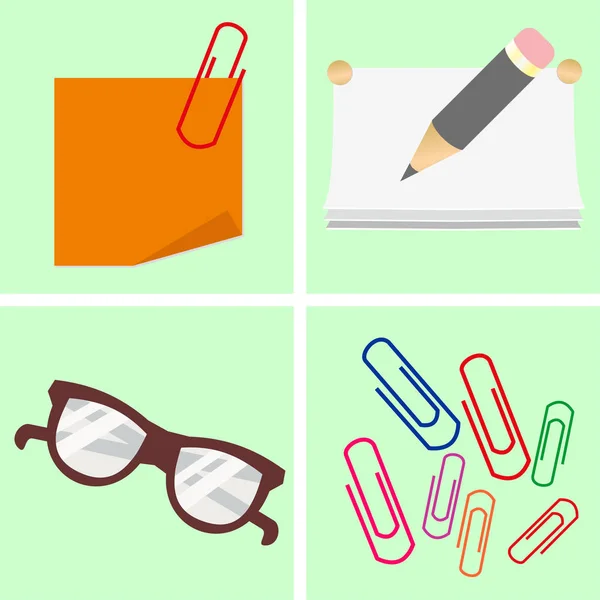 Office. Levélpapír. Ikonok beállítása. Egy darab papír, a szemüveg, a ceruza és a gemkapocs. — Stock Vector