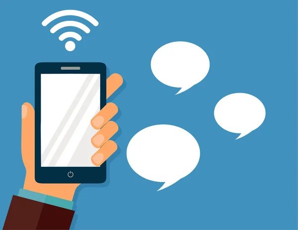 Smartphone in de hand. Wi-Fi communicatie via het Internet. — Stockvector