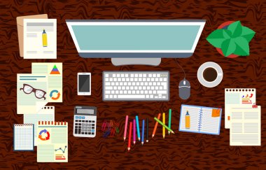 Office. Resepsiyon. Gerçekçi işyeri organizasyon. Üstten Görünüm.