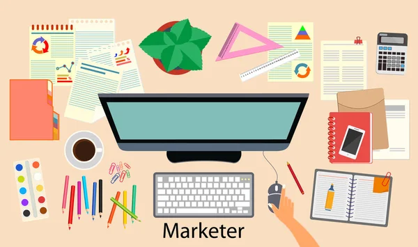 Marketing. Oficina. El vendedor del lugar de trabajo. La vista desde arriba . — Vector de stock