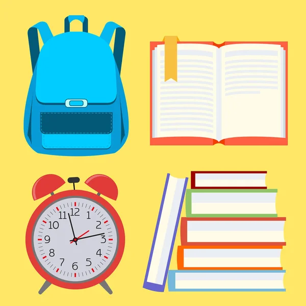 学校。图标集。挎包、 闹钟和书籍. — 图库矢量图片