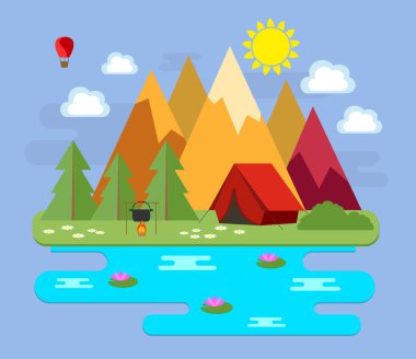 Dağlık manzara. Bir göl yakınındaki dağlarda bir tatil.