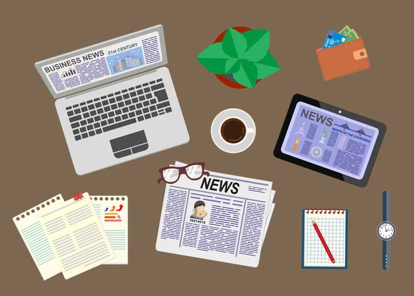 ニュースや情報。ビジネス ニュースや市場。ビジネスマンの机。頂上からの眺め。ベクトル図. — ストックベクタ