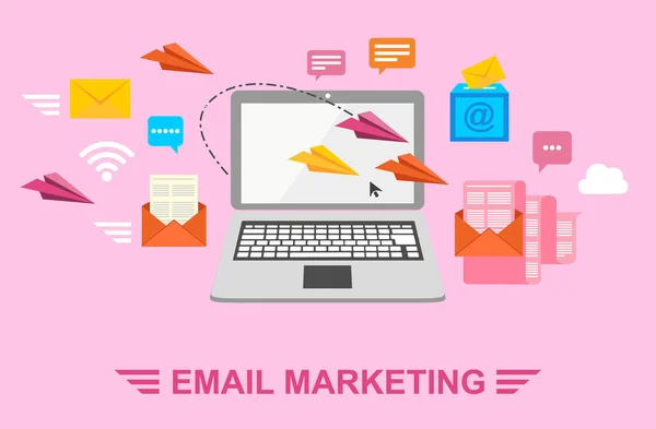 E-mailmarketing. Brieven sturen per e-mail. Brief in een envelop, papier vliegtuig, laptop en Wi-Fi. Vectorillustratie in vlakke stijl. — Stockvector