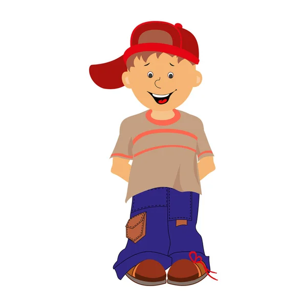 Αγόρι. Μικρό αγόρι ντροπαλός με τζιν και ένα καπάκι. — Διανυσματικό Αρχείο