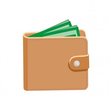 M-cüzdan. Deri cüzdan ve dolar. Vektör çizim. Beyaz izole.