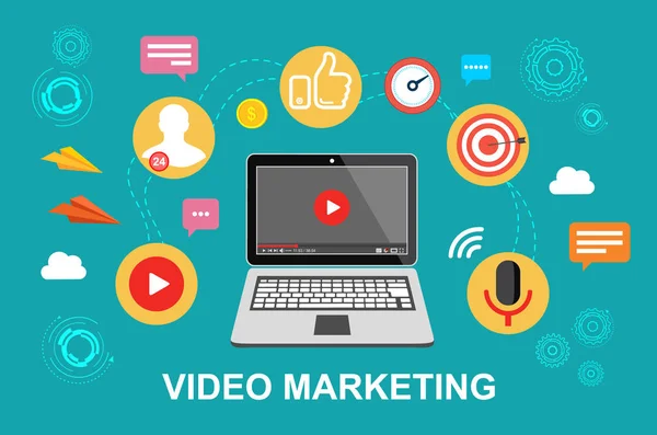 Marketing de vídeo. Vídeo, webinar, conferência online. Ilustração vetorial . — Vetor de Stock