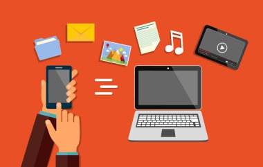 Veri aktarımı. El ile belgili tanımlık telefon. Belgeleri smartphone--dan belgili tanımlık laptop için gönderme. Vektör çizim.
