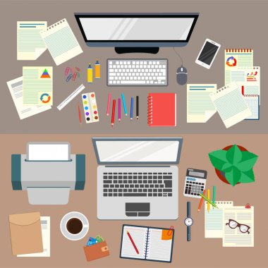 Office. İş. Gerçekçi işyeri organizasyon. Üstten Görünüm.